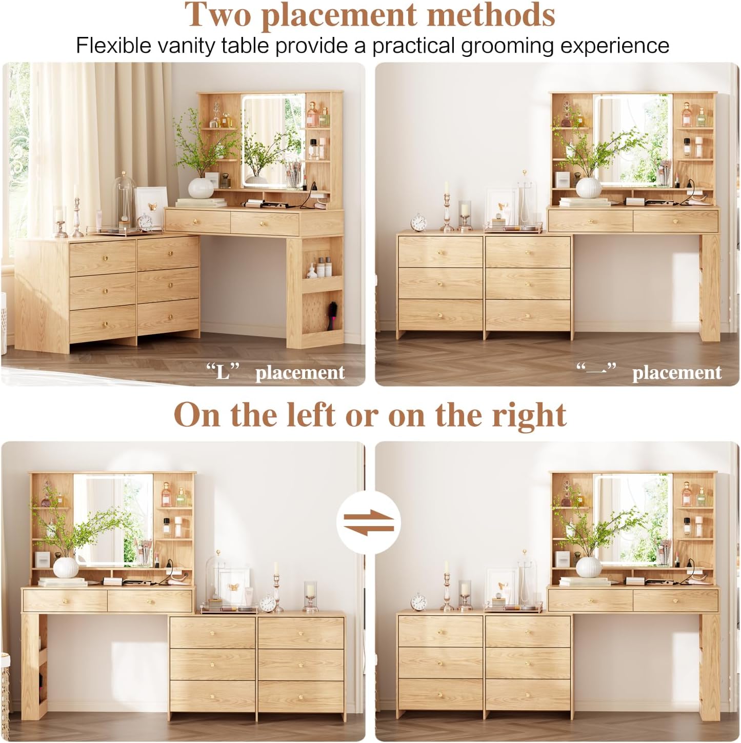 Makeup Vanity Desk with Mirror and Lights, Vanity Desk with 8 Drawers & Storage Shelves, Vanity Table with Power Outlet, 3 Color Modes & Adjustable Brightness Dressing Table, Bedroom,Oak2