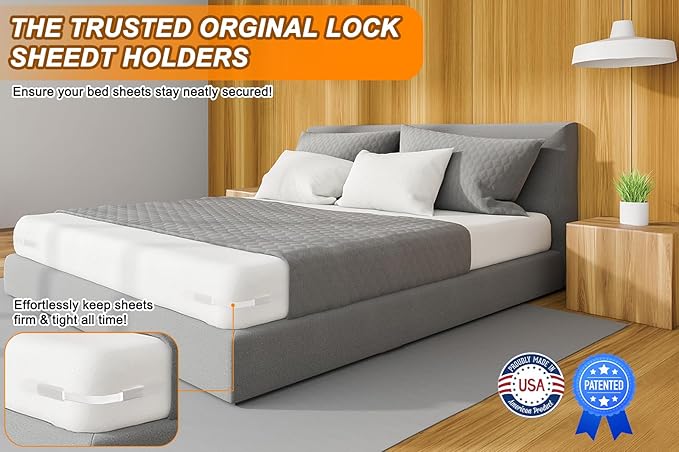 Bed Sheet Holders for Corners, Heavy Duty Fitted Sheet Holder with Lock Fastener Straps &Anti-Slip Pads Keep Sheets Firm&Tight, No More Loose Sheets, Easy Installation for Any Mattress Sizes(Set of 4)