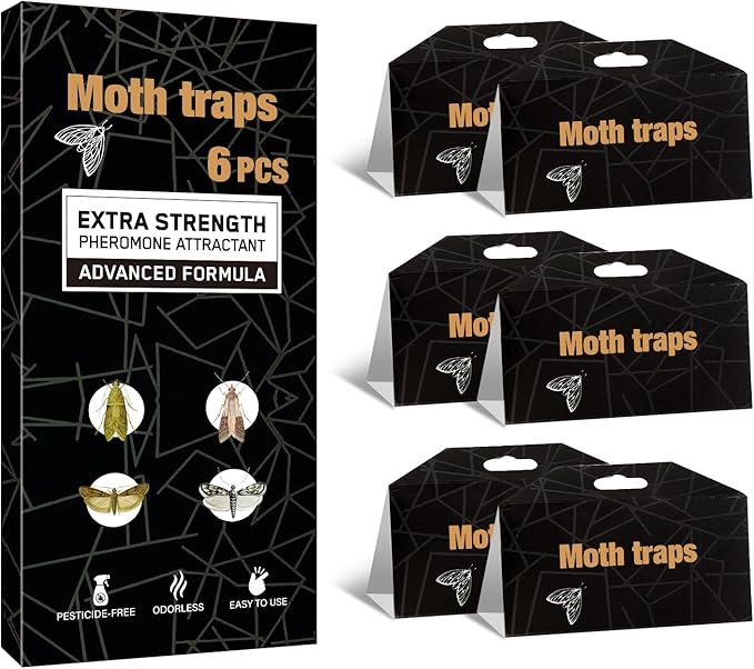 Upgraded Moth Traps, 6Pack Double Potent Pantry & Clothes Traps with Pheromones Prime, No Toxic & Odorless Meal Moth Trap, Organic Sticky Moths Balls Repellent with Lure for Closet, Kitchens