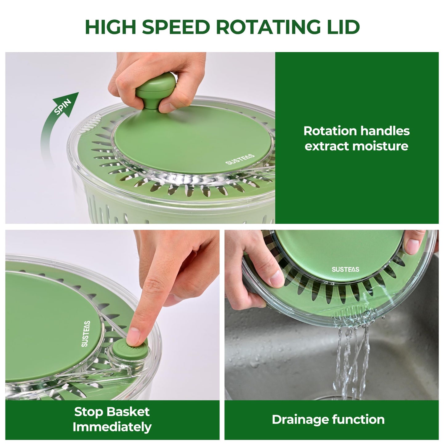SUSTEAS Salad Spinner Large, Vegetables Wash Bowl, Fruits & Herb Lettuce Dryer with 5 Blade Slicer Egg Yolk Strainer Shredder for Efficient Salad Preparation and Food Washing, 4.25Qt