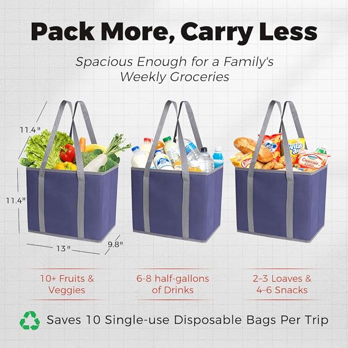 DOUKE Reusable Grocery Tote Bags, 3-Pack Heavy Duty Reusable Shopping Bags with Long Handles, Large Box Shape Tote Bags to Stand Up, Stay Open, Fold Flat (Navy Blue)