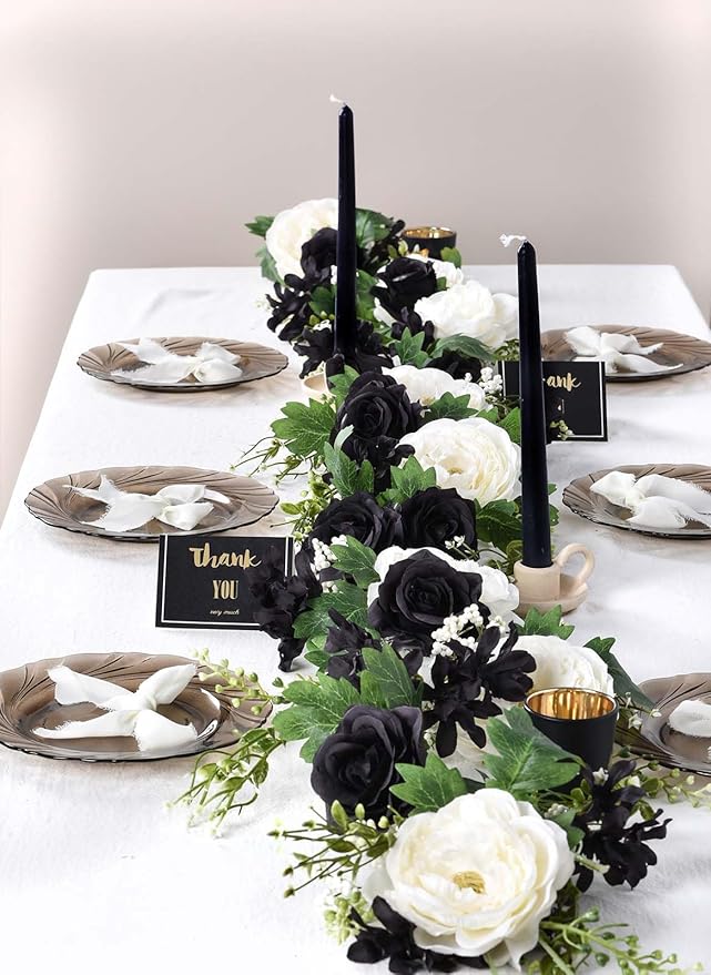 2 Pack Artificial Peony Flower Garland - 6ft Silk Peony Garland Flower Vine Silk Roses Flowers for Wedding Arch Party Table Decor (Black)