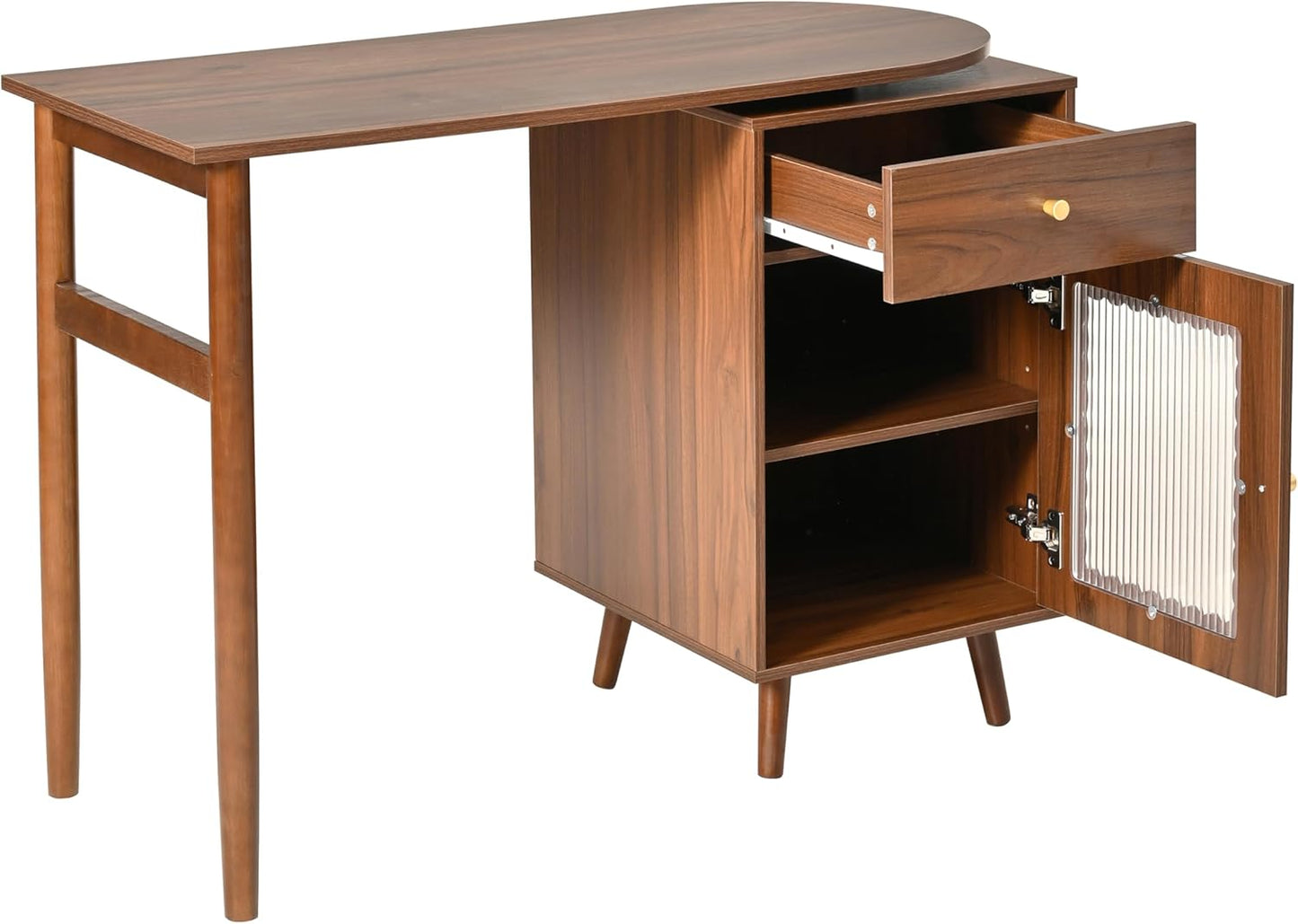 Merax Computer Desk with 90 Degree Rotating Desktop, L Shaped Office Desk with Storage Drawer and Cabinets, Writing Desk with Shelves for Study, Work Desk for Office Bedroom Living Room, Walnut
