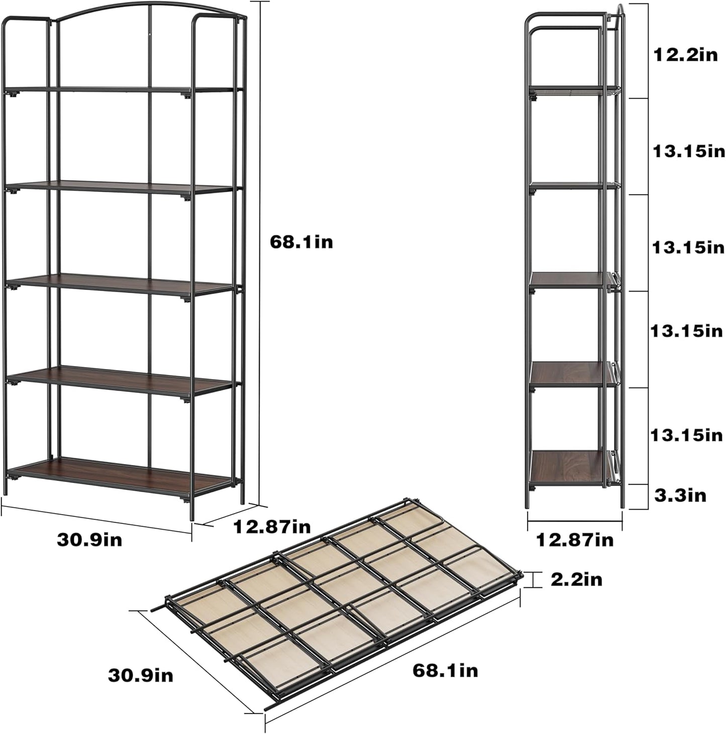 Crofy No Assembly Folding Bookshelf for Living Room, 5 Tier Black Collapsible Book Shelf for Home Office, Portable Bookcase Storage Organizer