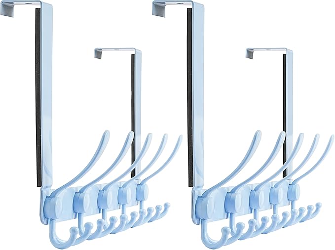 Dseap Over The Door Hook Hanger - 5 Tri Hooks, Heavy Duty Over The Door Towel Rack Coat Rack for Clothes Hat Towel, Blue, 2 Packs