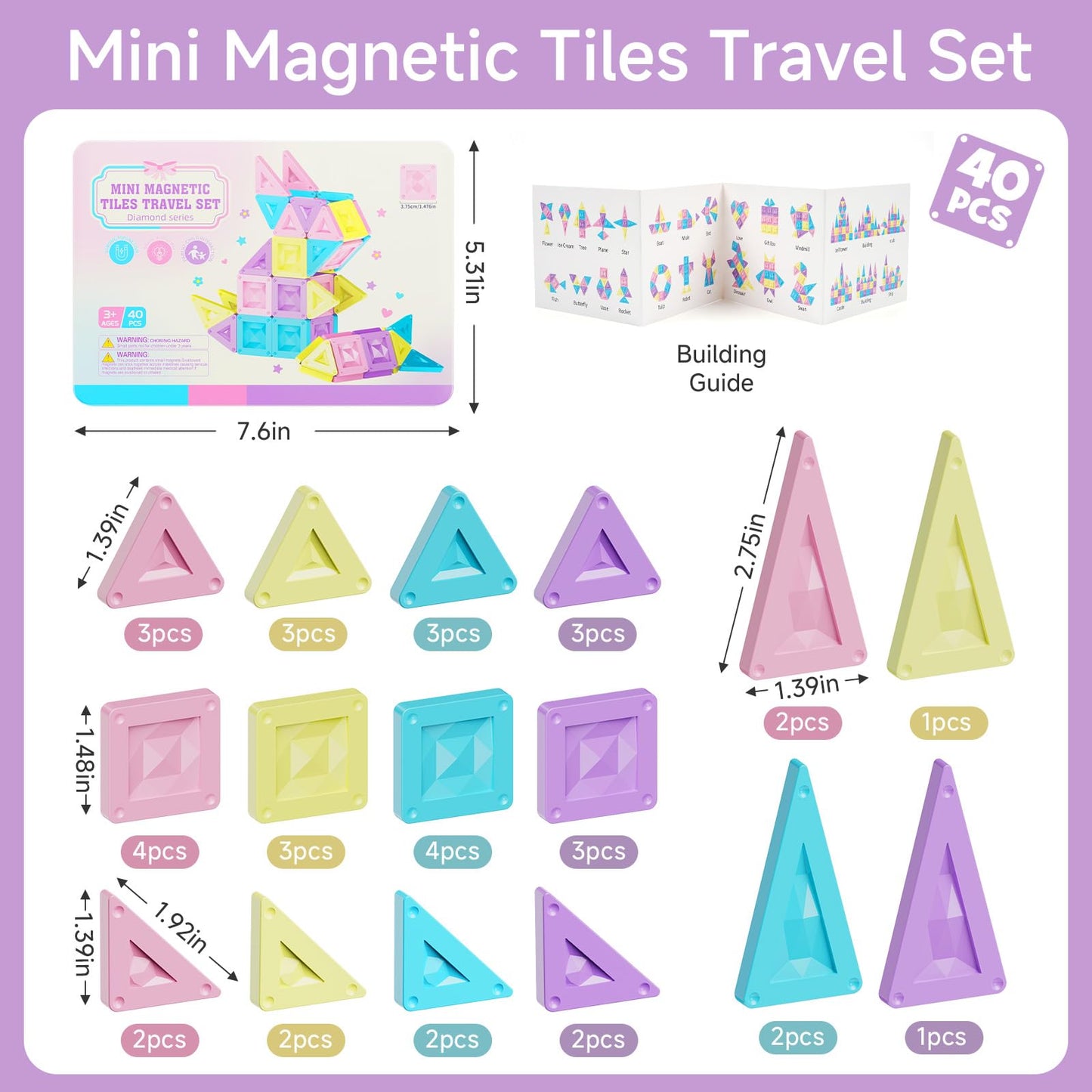 STEM MATCH Mini Magnetic Tiles Girls Travel Set: 40 PCS Macaron Building Block with Tin Box - 90 Mins Quiet Play 45s Cleanup - Fly Trip Road Trip Toys for Kids Age 3 4 5 6