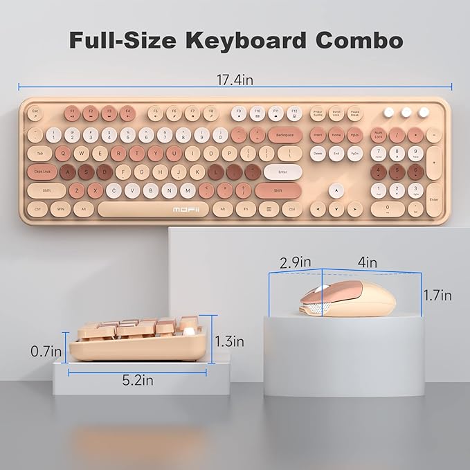 MOFII Wireless Keyboard and Mouse Combo, Milk Tea Colorful Round Key Typewriter Keyboards, 2.4G Full Size Keyboard and Cute Wireless Mice, USB Receiver Plug and Play, for Laptop, PC, Windows