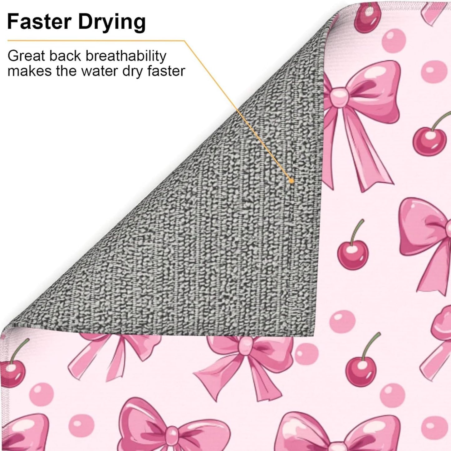 Dish Drying Mat for Kitchen Pink Bow Pattern Cherry Counter Absorbent Dishes Drainer Microfiber Small 16x18 Inch
