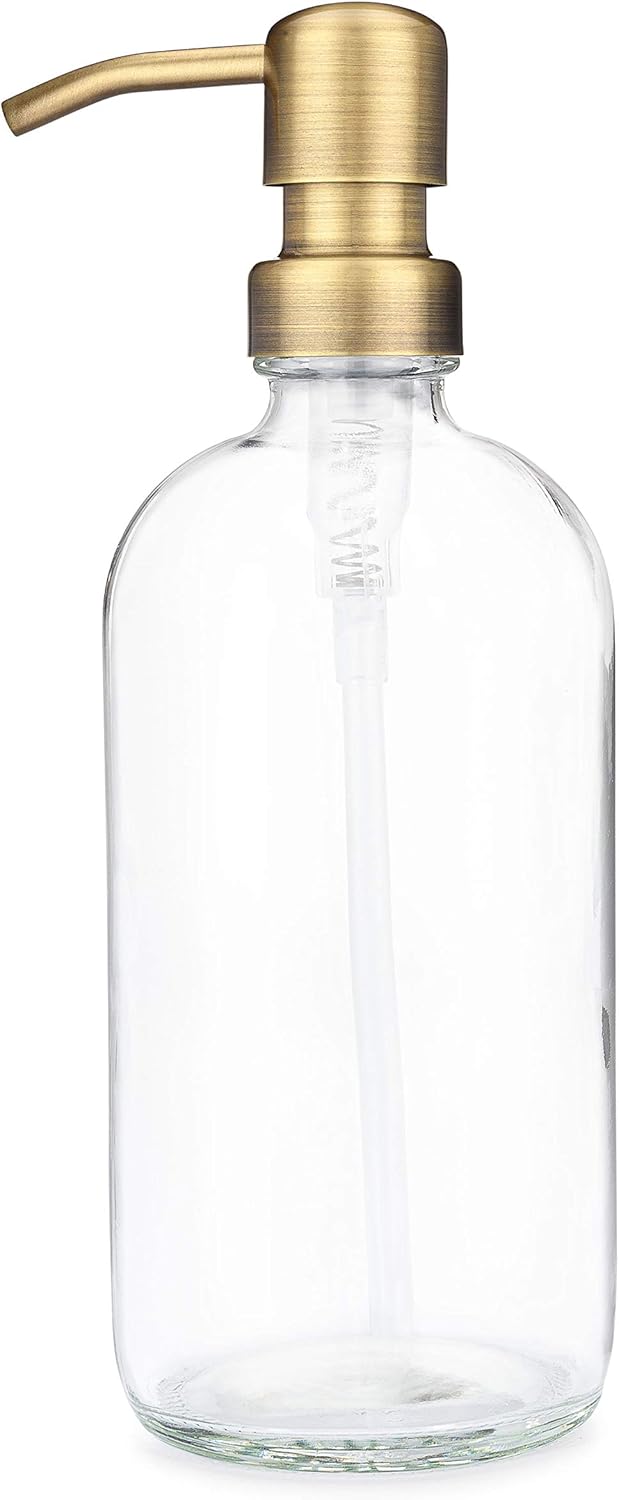 Rail19 Market Clear Glass Soap Dispenser with Metal Pump - Liquid Hand Soap & Lotion for Kitchen and Bathroom, 16oz (Farmhouse Brass)