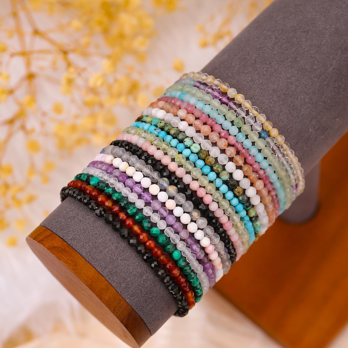 BONNY BOXX Natural Genuine Gemstone Faceted Round Beads Bracelets, 3mm Adjustable Stretchy Tiny Faceted Aquamarine Bracelet, Healing Crystal Reiki Chakra Dainty Jewelry Fashion Gifts
