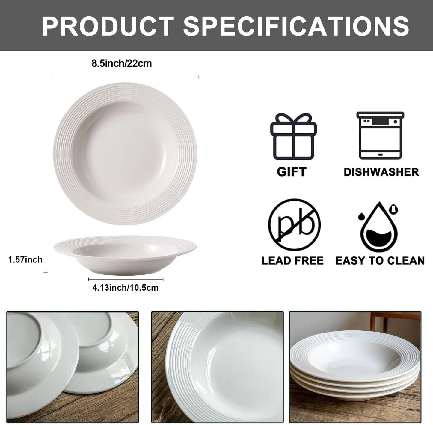 Pasta Bowls Plates Set of 6, 8.5inch Ceramic Plates tableware,Salad,Shallow Soup for Pasta, Soup, Microwave & Dishwasher Safe (6)