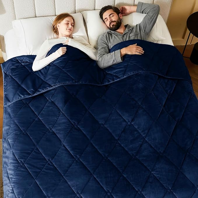 L'AGRATY Queen/King Size Weighted Blanket for Adults 15lbs, 80"x87" — Cooling Breathable Heavy Blanket with Glass for Sleeping Perfect for Hot Sleepers & Couples Machine Washable All-Season Navy Blue