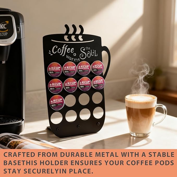 Metal K Cups Coffee Pod Holder, 19 Pods Holder Display,Coffee Bar Organizer for Home ,Kitchen,Office or Workspace, Black frosted Capsule Storage | Stylish Lettering Decor (Coffee Warms Soul)