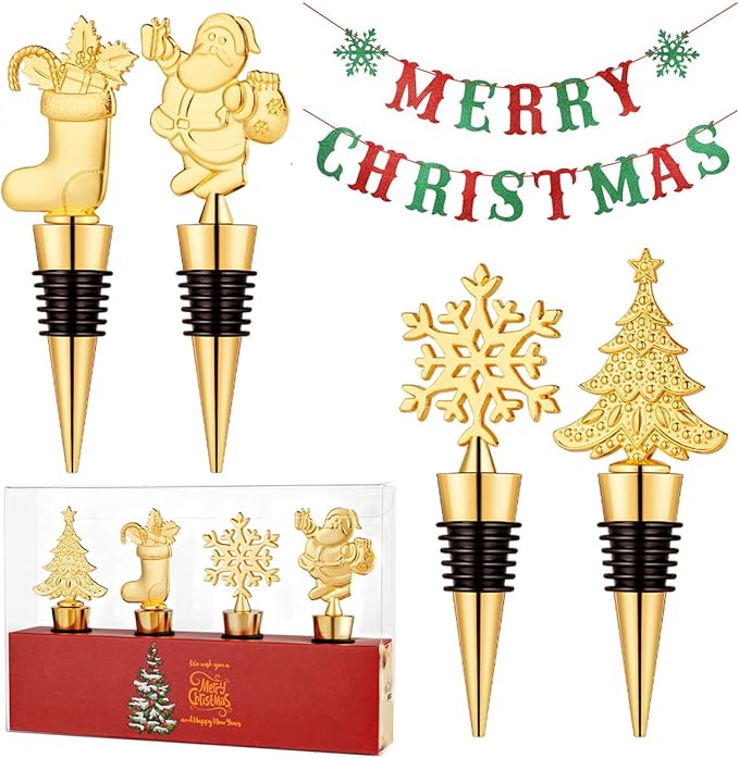 4 Pack Christmas Wine Stoppers, Alloy Xmas Wine Bottle Stoppers for Keeping Wine Fresh, Wine Accessories Gift for Hostess, Christmas Bottle Corkers, Winter Decor Bottle Stopper, Holiday Party Supplies