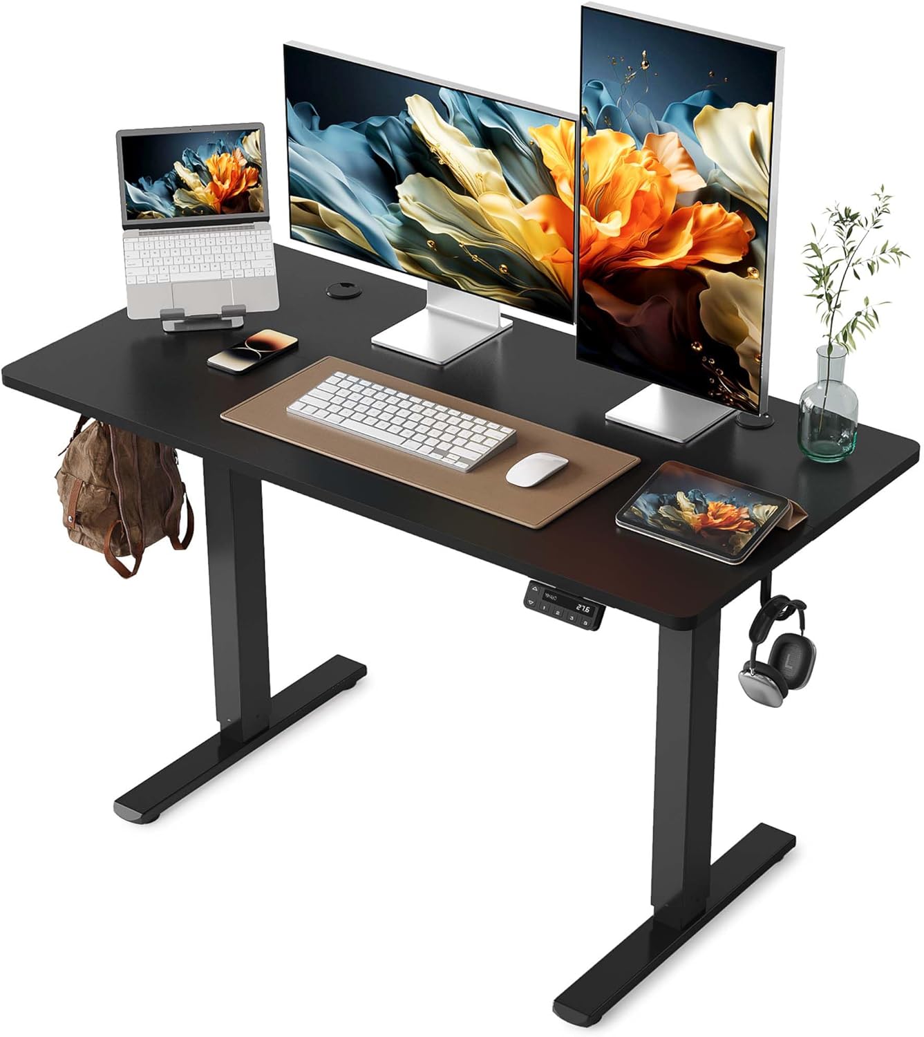 YIHAYO Electric Standing Desk, 48 x 24 Inches Stand Up Desk with Splice Board, Adjustable Height Desk, Computer Desk for Home Office, Black Frame/Black Top