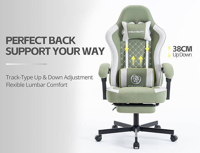 Gaming Chair for Adults with Footrest and Lumbar Support, Height Adjustable Game Chair with 360°-Swivel Seat and Headrest and for Office or Gaming (Green and White Fabric)