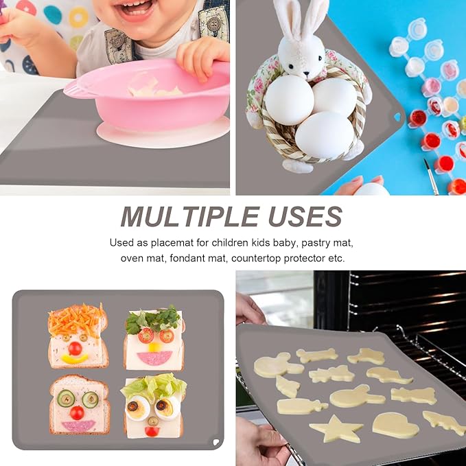 Silicone Placemats for Toddlers Thicker Version, Non-Slip Reusable Kids Placemats for Dining Table, Stain-Proof Baby Table Mat for Restaurants 6 Packs (Light Gray&Dark Gray)