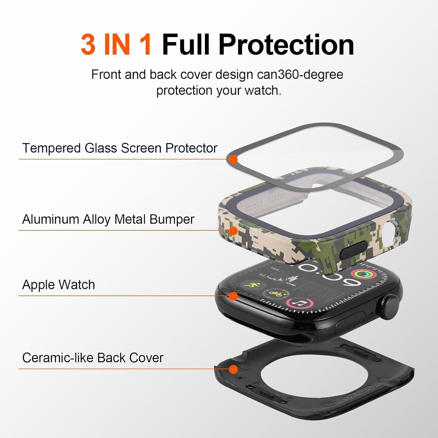 Metal Bumper Cover Compatible with Apple Watch Series 9/8/7 Case 45mm, Rugged Shockproof Screen Protector with Back Frame for iWatch 45mm, Straight Edge Design