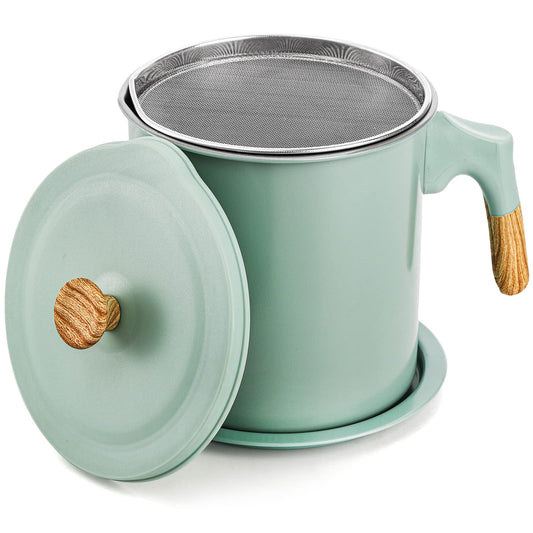 Lyellfe Bacon Grease Container with Strainer, 1.4L/48 Oz Stainless Steel Oils Filter Pot for Kitchen, Green Cooking Oil Storage Holder for Used Cooking Oils, Fat and Frying Oil