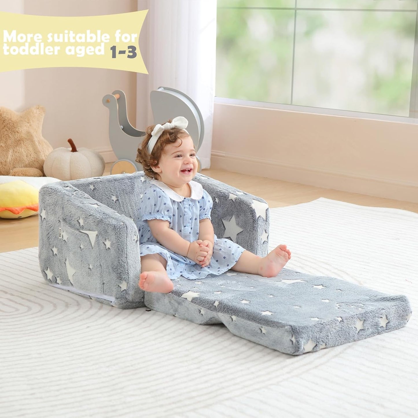 Kids Couch Fold Out, Foldable Toddler Couch with Blanket, Kids Sofa for Girls & Boys, Flip Out Toddler Chair, Convertible Sofa to Lounger for Children Age 1-3 (Glow Star)