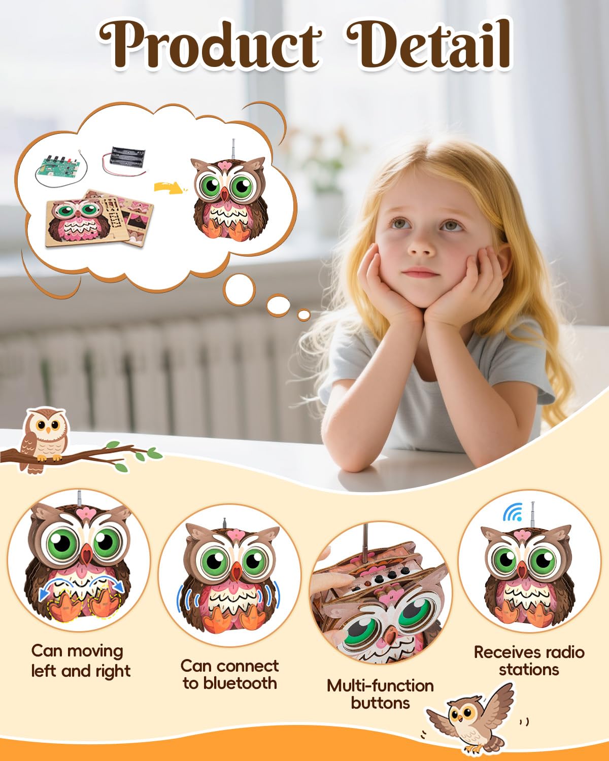 3D Wooden Puzzles for Adults, Big-Eyed Adorable Owl Bluetooth Speaker Model Kit, 3D Puzzles for Adults Room Home Decor DIY Craft Kit, Holiday Birthday Christmas Day Gifts for Men Women Teens