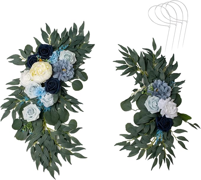 AitnWoy Artificial Wedding Arch Flowers Kit 2 PCS Dust Rose Flowers Silk Peony Floral Swag Welcome Sign for Wedding Ceremony Party Home Garland Decor (Blue)