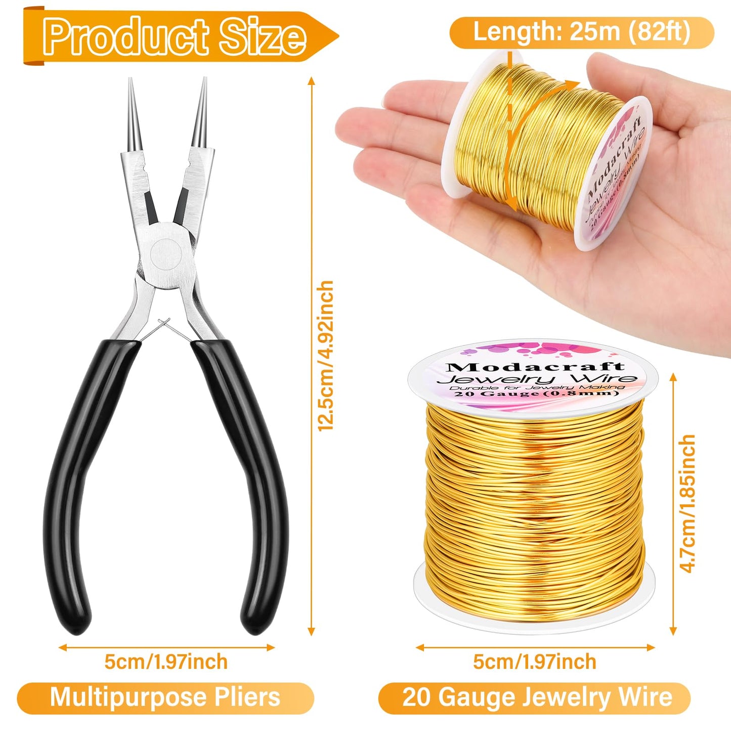 Modacraft 20 Gauge Gold Jewelry Wire & 4-in-1 Pliers Kit - 82FT Tarnish Resistant Copper Craft Wire (0.8mm) for Wire Wrapping, DIY Jewelry Making, Christmas Ornaments & Holiday Decorations