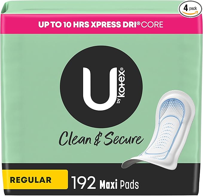 U by Kotex Clean & Secure Maxi Pads, Regular Absorbency, 192 Count (4 Packs of 48) (Packaging May Vary)