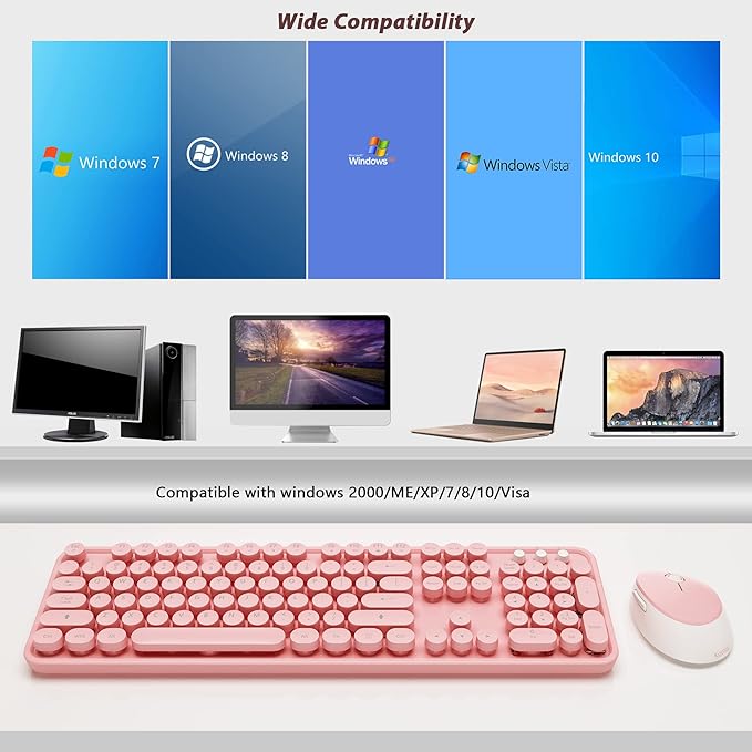 Kootop Wireless Keyboard and Mouse Combo, Cute Colorful 104 Keys Typewriter Retro Round Keycaps Keyboard for PC Laptop,Desktop,Windows, Home and Office Keyboards(Pink White)