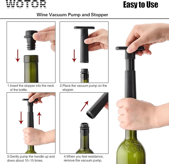 WOTOR Wine Stoppers - Vacuum Wine Saver, Preserver & Sealer (Black, 6 Pieces)