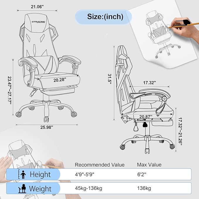 GTRACING Gaming Chair, Computer Chair with Mesh Back, Ergonomic Gaming Chair with Footrest, Reclining Gamer Chair with Adjustable Headrest and Lumbar Support for Gaming and Office (Black)