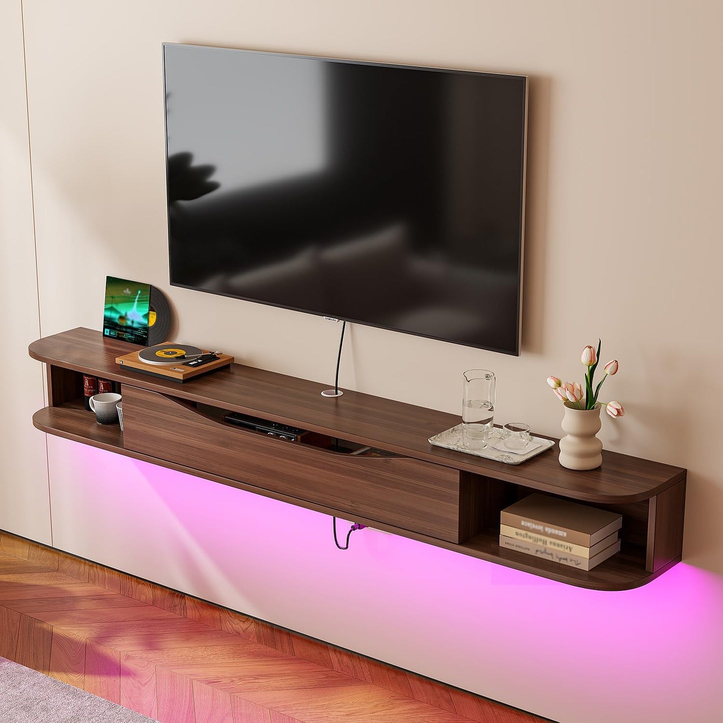 Floating TV Stand,70'' Wall Mounted TV Cabinet,Floating TV Console,Under TV Shelf with 1 Door and 2 Cabinets for TVs up to 75''(Walnut)