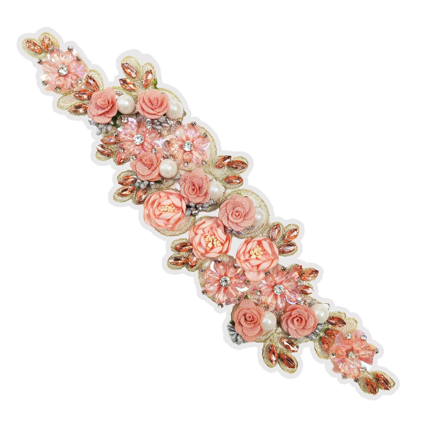 Hikiwin 3D Embroidered Flower Fabric Beaded Rhinestones Pearl Lace Applique, 3D Flower Fabric Patches for Wedding Dress, Handmade Flower Rhinestone Applique for Clothes, Pink, 1 Piece