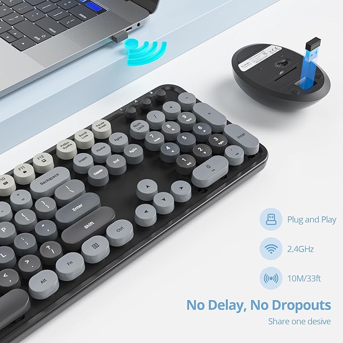 Owpkeenthy Retro Keyboard and Mouse Wireless, Cute Black Keyboard with Retro Typewriter Style Full-Sized with Number Pad Round Keys for Desktop, Laptop and Computerr (Gradient Dark)