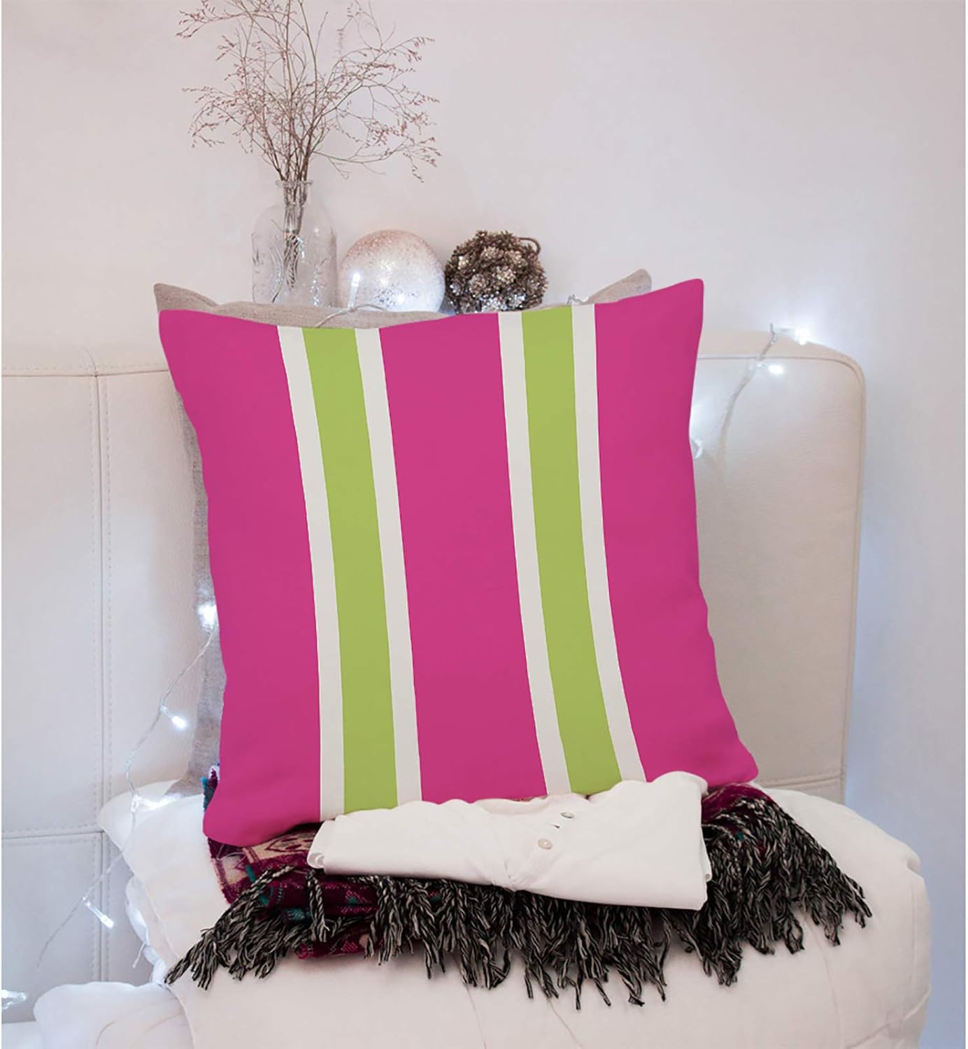 Throw Pillow Covers Chic Pretty Hot Pink Green Stripes Cotton Linen Decorative Square Pillowcases Cushion Cover 18 X 18 Inch