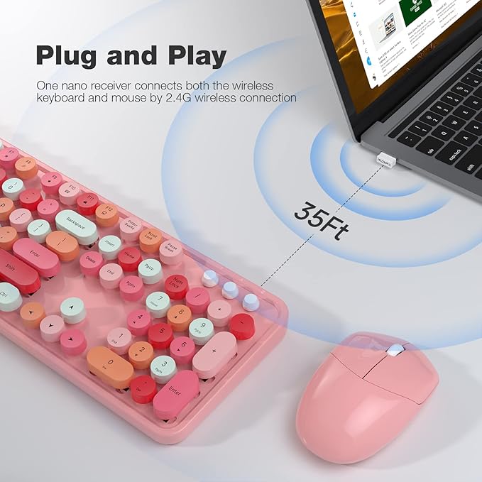 Wireless Keyboard and Mouse Combo, 104 Keys Full-Sized 2.4 GHz Round Keycap Colorful Keyboards, USB Receiver Plug and Play, for Windows, PC, Laptop, Desktop (Pink)