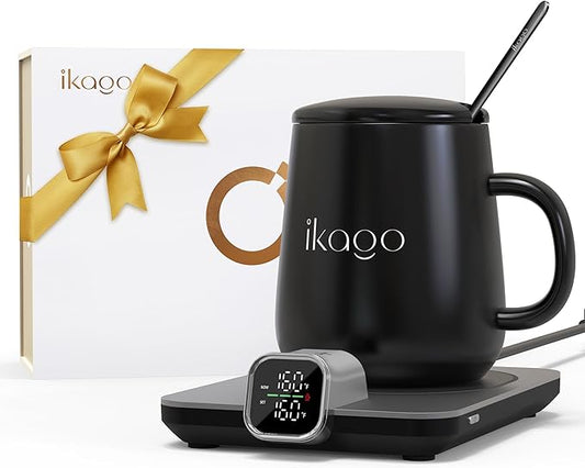 Coffee Mug Warmer Set, ±1°F Precision Temperature Control Smart Heated Mug for Desk, Electric Coffee Warmer with Auto Shut Off & Real-Time Temp Display, Gifts for Men Women, 15oz Ceramic Mug, Black