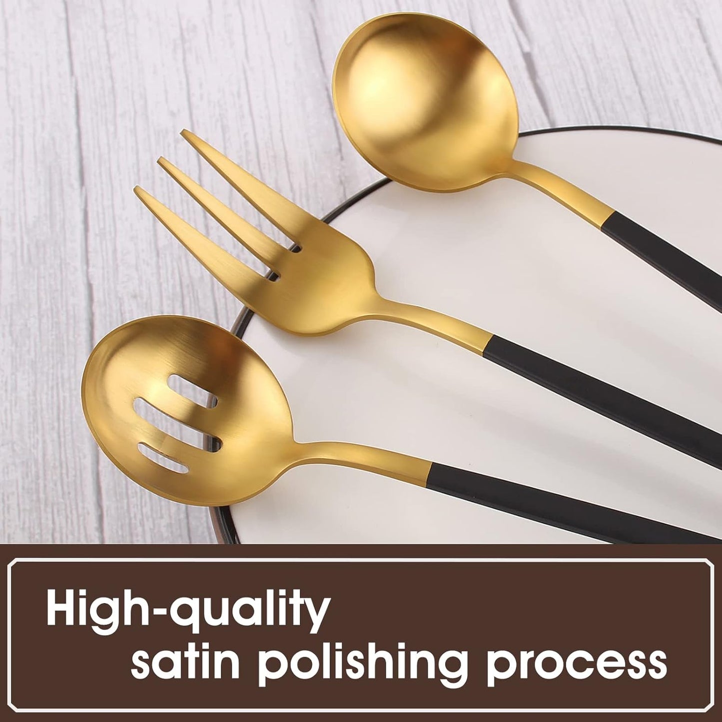 Matte Black Gold Serving Silverware Set, 5-Piece Round Shared Utensils Set of Stainless Steel, Hostess Flatware Serving Set, Satin Finish, Dishwasher Safe