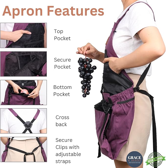 Gardening Apron with Pockets for Women & Men - Garden Apron 7 Pockets & Internal Drawstring Bag - Great Gift
