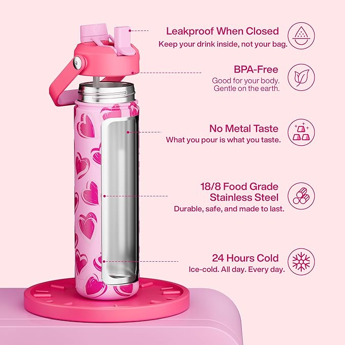 ENCOOL Valentine's Day Insulated Water Bottle with Straw Stainless Steel Water Bottle, Leak-Proof, BPA-Free, Keeps Cold for 24 Hours for Sports, Travel, School (26 oz, Sketch Hearts Pink x Pink)