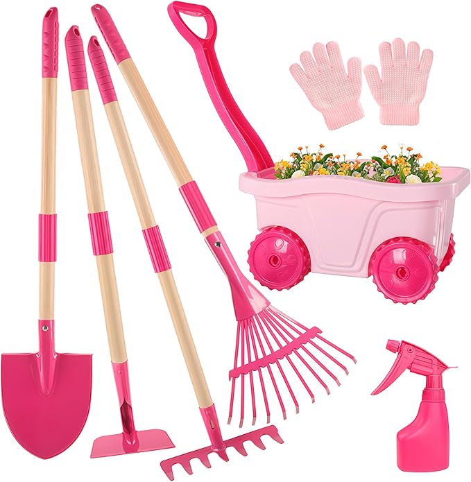 Duckura Kids Gardening Tools Set - 7pcs Wheelbarrow Set for Kids with Shovel, Rake, Leaf Rake, Summer Outdoor Yard Digging Weed Toys, Easter Birthday Gifts for Boys Girls Age 2 3+ Years Old(Pink)