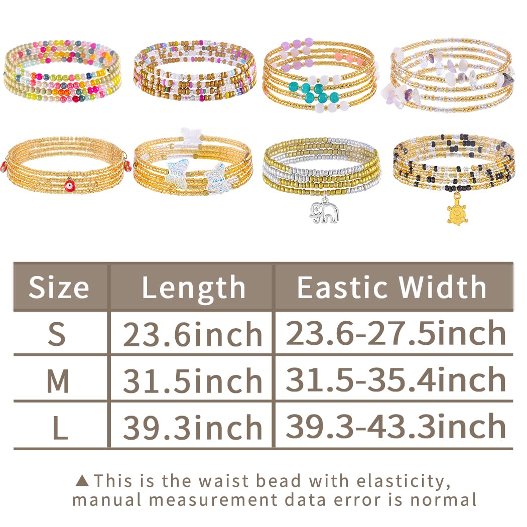 ELABEST 24-39inch African Waist Beads for Women 8Pcs Elastic Belly Beads Colorful Beaded Waist Jewelry Accessories Body Chain (Gold, 31.5inch/80cm)