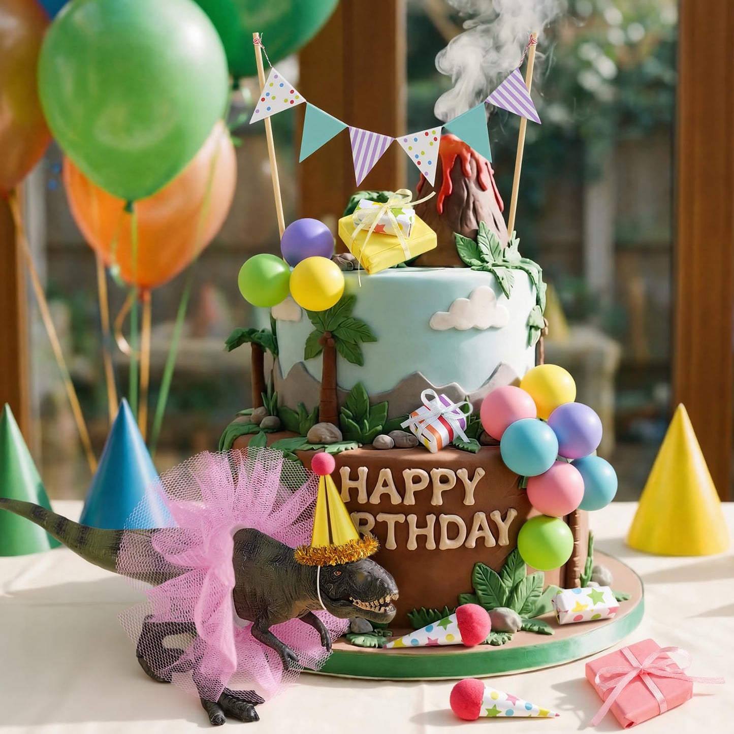 Weysat 19 Pcs Dinosaur Cake Toppers Decorations Set Mini Birthday Hat Skirt Triangle Flag Banner Decor Balls andIce Cream Cone Cake Topper for Dinosaur Theme Birthday Gender Reveal Party Decorations