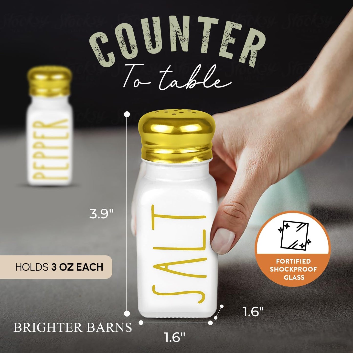 Luxury Gold Salt and Pepper Shakers Set by Brighter Barns - Glass Shakers & Stainless Steel Lid - Modern Decor for Home, Restaurant, Hotel, Wedding, Gifts - Luxury Kitchen Accessories (Gold)