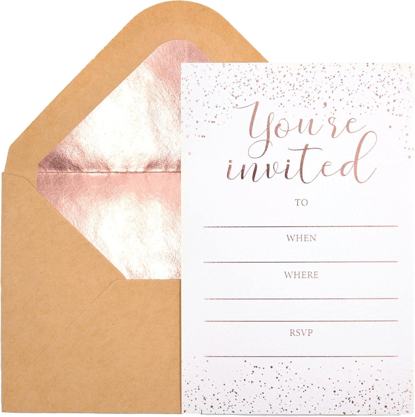Invitation Cards - 24-Count 4" x 6" White Invitation Cards ‘’You Are Invited’’ in Rose Gold Foil with 26 Foil Kraft Envelopes – Invitation Cards For Wedding, Bridal Shower, Baby Shower, Birthday