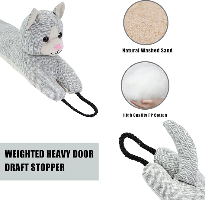Marwood Under Door Draft Stopper Decorative Wind Stopper 30 inch for Door & Window, Weighted Animal Air Draft Stopper Snake Noise Blocker for Bottom of Door with Hanging Loops - Grey Cat