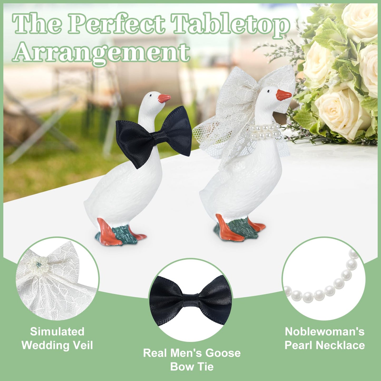 BruinBang Goose Couple Wedding Cake Topper, Handmade Resin Bride & Groom Figurines with Flower Accents for Wedding Bridal Shower Engagement Anniversary, Romantic & Funny Table Centerpiece (22 pcs)