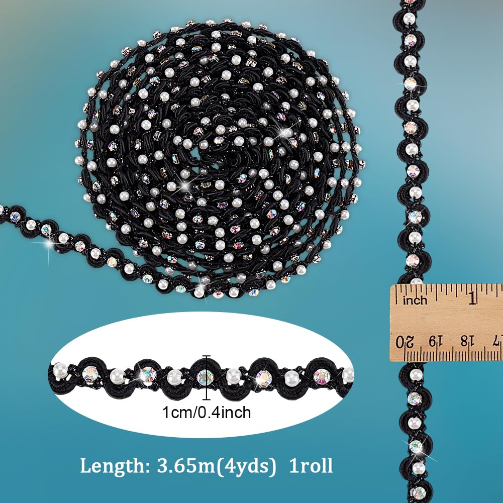 PH PandaHall 4 Yards Pearl Lace Trim 3/8 inch Black Wavy Lace Ribbon Pearl Fringe Rhinestone Fringe Applique Fabric Gimp Braid Ribbon for Costume Curtain DIY Craft Jewelry Party Halloween