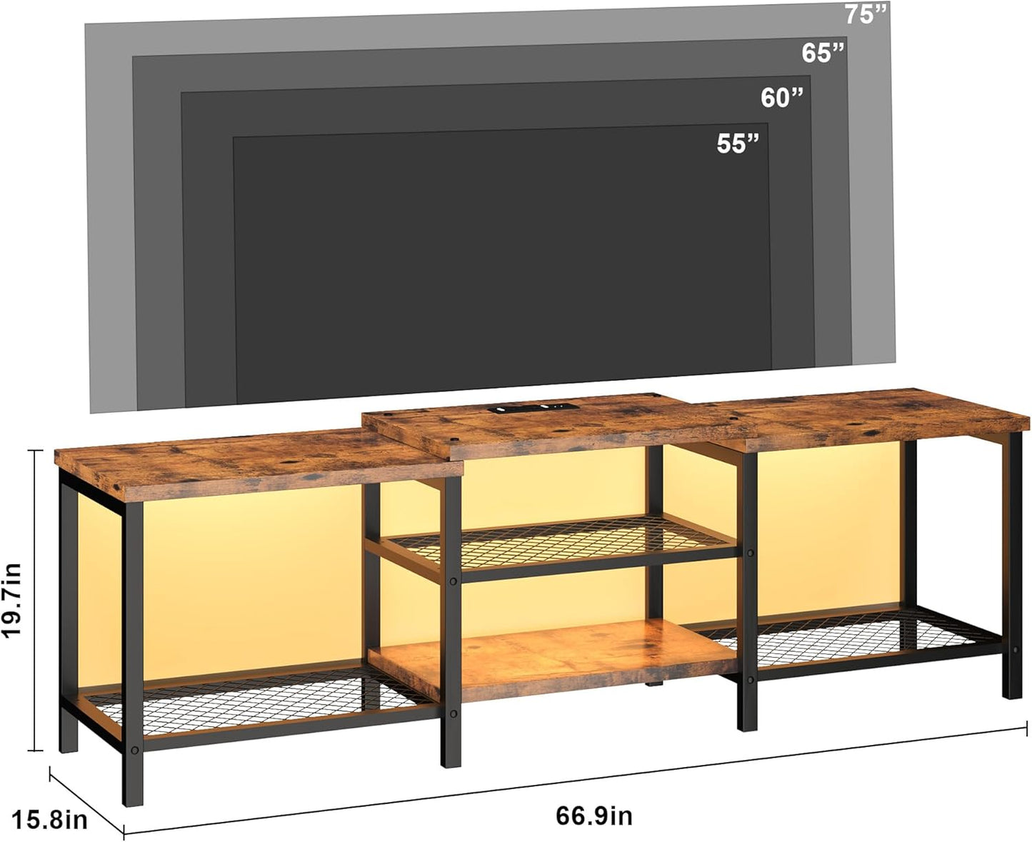 GarveeHome TV Stand with LED Lights for 55/65/75 Inch TV, 67 Inch Large Entertainment Center with Power Outlets, Media Console for Living Room, Bedroom, Vintage Brown