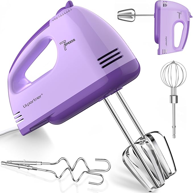 Hand Mixer Electric, Small Food Mixer 7 Speeds Handheld Blender,304 *(1* Whisk, 2* Beater, 2*Dough Hook) Kitchen Blender for Cream, Cookies, Dishwasher Safe, Purple